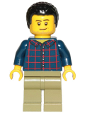 LEGO cty1017 Dad - Dark Blue Plaid Button Shirt, Olive Green Legs, Black Hair Male with Coiled Texture