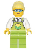 LEGO cty1441 Farmer Peach - Lime Overalls over White Shirt, Lime Legs, Bright Light Yellow High Bun, Glasses